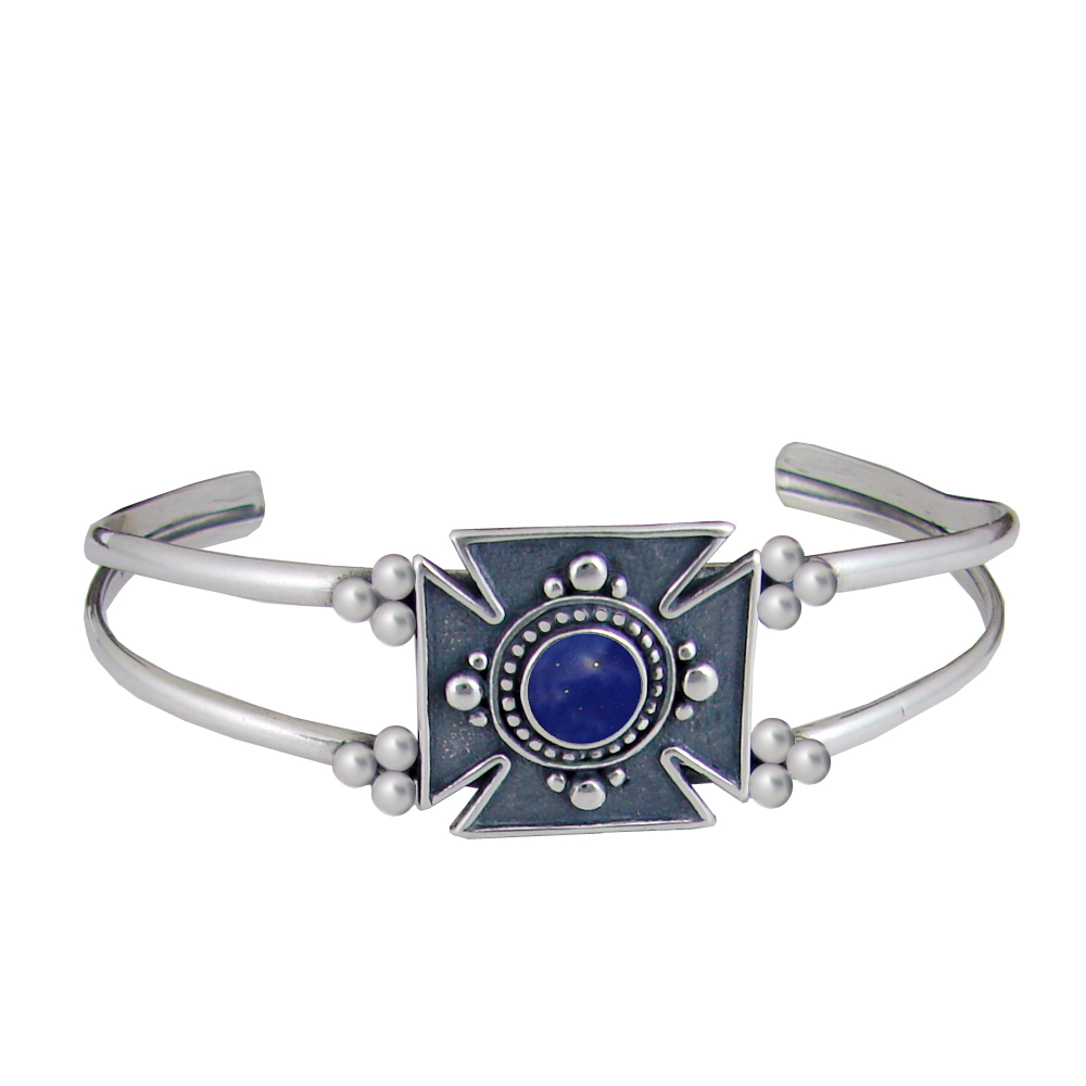 Sterling Silver Iron Cross Cuff Bracelet With Lapis Lazuli